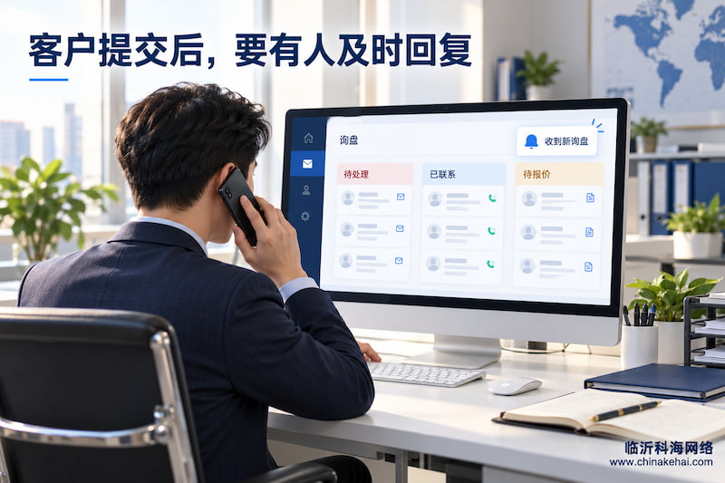 业务人员查看网站询盘后台并电话跟进客户需求示意图 业务人员查看网站询盘后台并电话跟进客户需求示意图